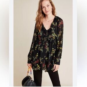 Anthropologie NWT Black Jamison Ruffled Floral Viscose Tunic Top size S.